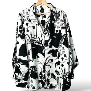 NICOLE MILLER 100% Linen Black & White Floral Print Roll Tab Sleeve Shirt Sz 3X